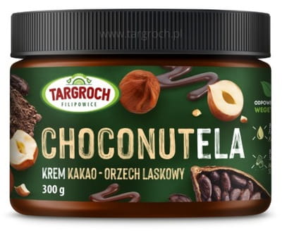 Nussige Schokoladencreme von TAR-GROCH-FIL, Choconutela mit Haselnüssen und Kakao in 300 g PET-Glas sichtbar
