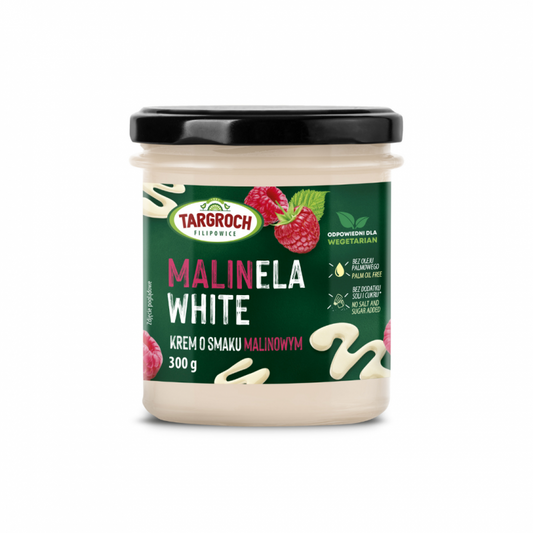 Sahne mit Himbeergeschmack in Glasbehälter, 300 g, von TAR-GROCH-FIL, Malinela White, cremige Fruchtcreme in Glasflasche