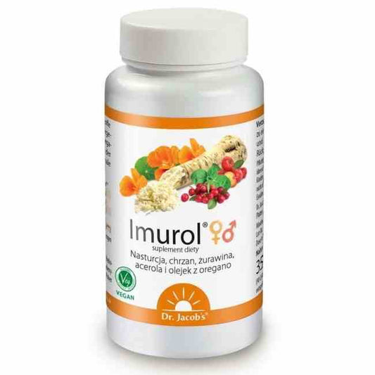 Dr. Jacob's Imurol 90 Kapseln, vitaminreiche Nahrungsergänzung in Braunglasflasche, zeigt die Kapseln auf weißem Hintergrund