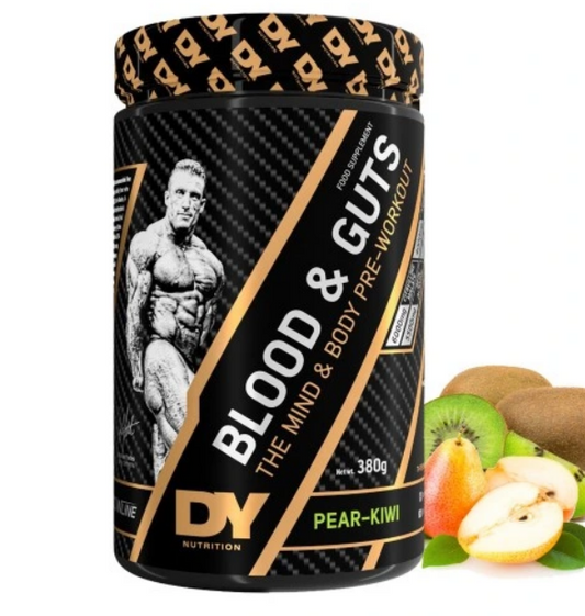 Dorian Yates Blut und Gedärme Pre-Workout Pulver in Birne-Kiwi Geschmack, 380 g, mit fruchtiger Optik und Produktdose
