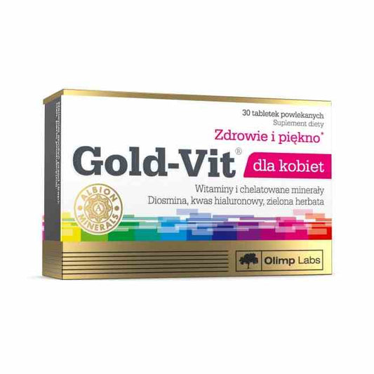 Olimp Gold Vitamine für Frauen, 30 Tabletten, Nahaufnahme der Packung mit buntem Design und Produktbeschreibung auf der Verpackung