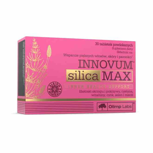 Olimp Innovum Kieselerde MAX Tabletten, Nahaufnahme der Packung mit 30 Tabletten für Haar, Haut und Nägel