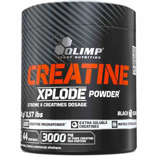 Olimp Creatine Xplode Pulver in Ananas-Geschmack, 260g, zeigt die Dose mit Ananas-fruchtigem Kreatinpulver.