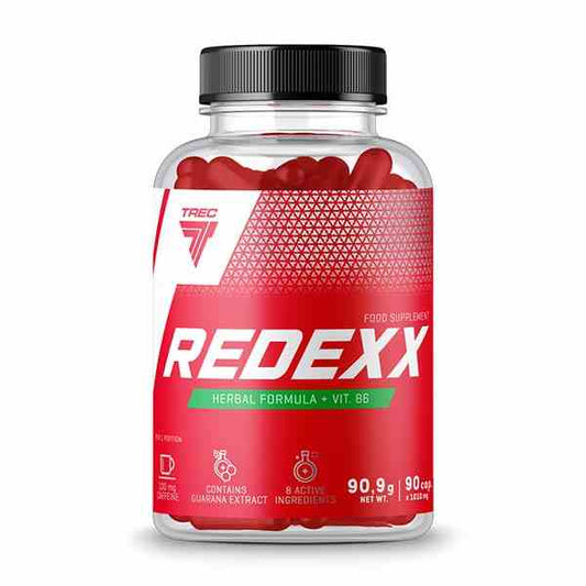 Trec Redexx 90 Kapseln, Nahrungsergänzungsmittel, weiße Kapseln in einer Dose, Nahaufnahme der Verpackung