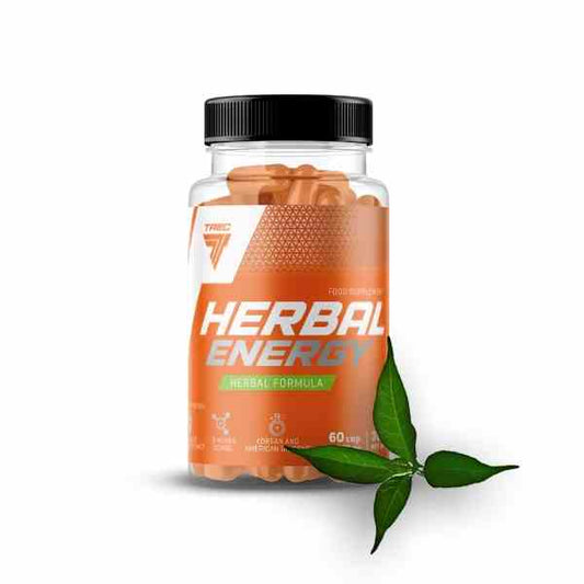 Trec Herbal Energy Nahrungsergänzung in 120 Kapseln, zeigt die Dose mit grünen Kapseln auf weißem Hintergrund