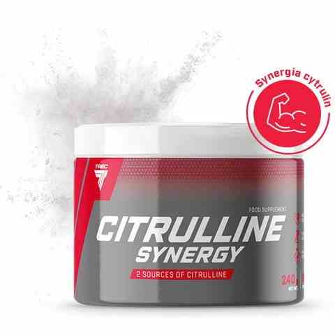 Trec Citrulline Synergy, 240 g, mit Wassermelonen- und Apfelgeschmack, Nahaufnahme der Verpackung und Produktbeschreibung