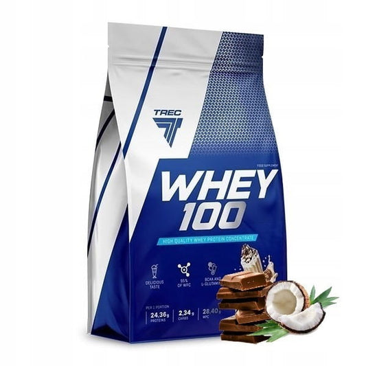 Trec Whey 100 Proteinpulver in Schokolade und Kokosnuss Geschmack, 700g Dose, cremige Textur, hochwertige Sportnahrung
