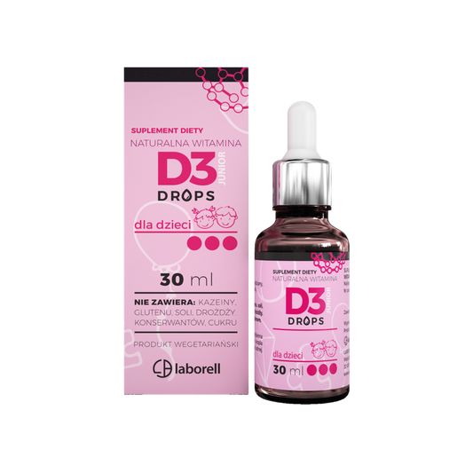 Kinder Vitamin D3 Tropfen von Laborell in 30 ml Flasche, sichtbar auf dem Bild.
