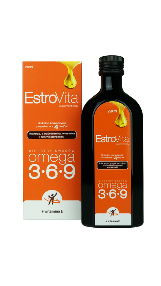 EstroVita Omega 3-6-9 mit Vitamin E Flasche, 250 ml, flüssiges Nahrungsergänzungsmittel in brauner Glasflasche