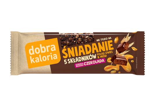 Dunkle Schokoladen- und Hafer-Frühstücksriegel von DOBRA KALORIA, 40g, mit Schokoladenstücken und Haferflocken sichtbar