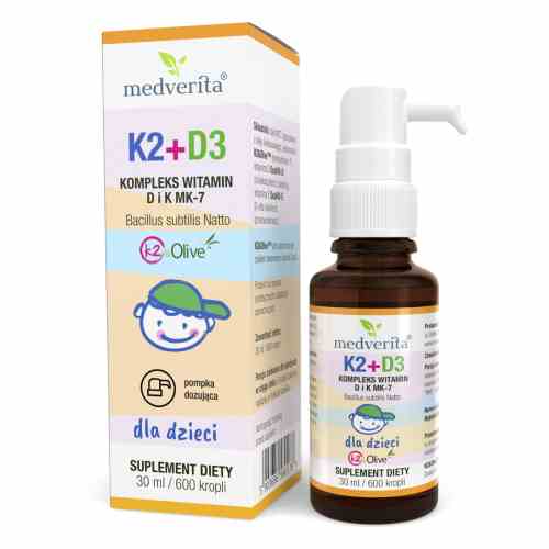 Medverita Vitamin K2 + D3 für Kinder in 30ml Flasche, natürliche Ergänzung für Knochen- und Immunsystem, sichtbarer Inhalt der Flasche
