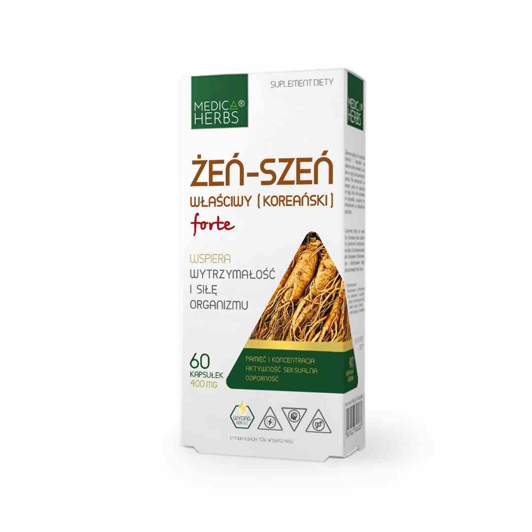 Medica Herbs Ginseng Forte 400mg Kapseln, 60 Stück, Nahaufnahme der Verpackung und Kapseln vor weißem Hintergrund