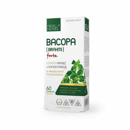 Bacopa (Brahmi) Forte Kapseln von Medica Herbs, 250 mg, 60 Kapseln, sichtbare Verpackung und Kapseln auf weißem Hintergrund.