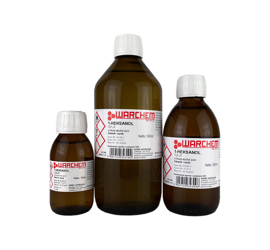 Reines HEXANOL in 100 ml Flasche von WARCHEM, klarer Lösung für chemische Anwendungen, auf weißem Hintergrund.