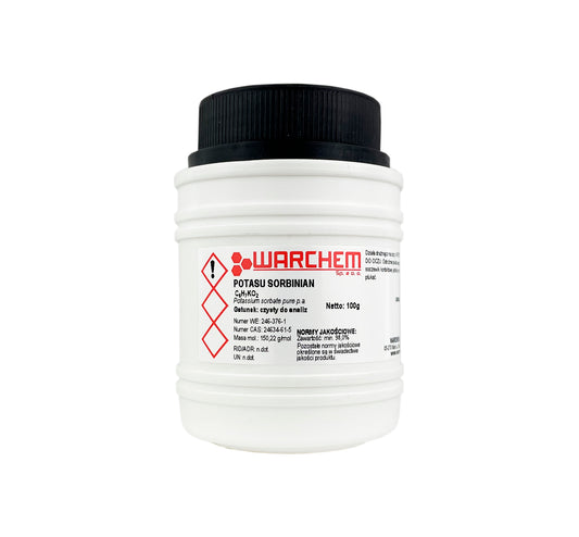 Potassium Sorbat, 100g, von CZDA für Lebensmittelkonservierung, in einem weißen Beutel sichtbar, auf weißem Hintergrund.