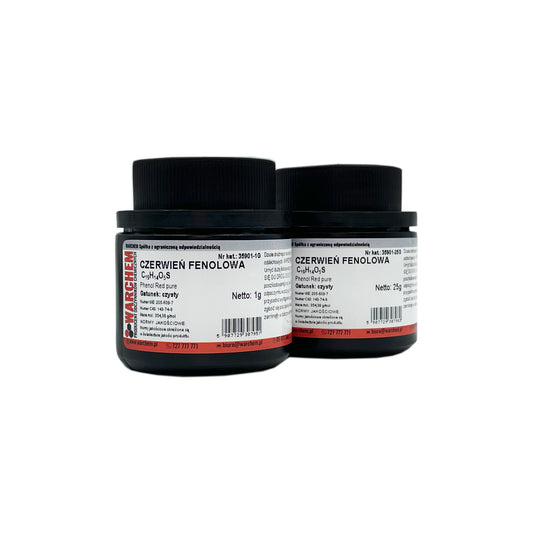 Rein phenol rot WARCHEM, 1 g, chemische Substanz, klare Flüssigkeit in kleiner Verpackung.