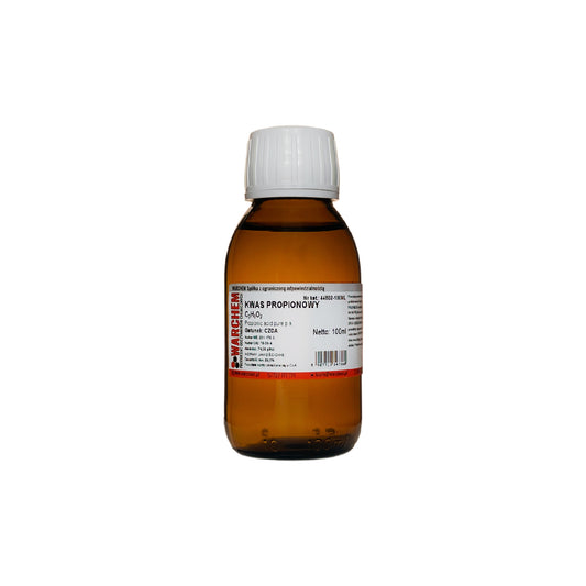 Reine Propionsäure in 100 ml Flasche von WarChem, klare Flüssigkeit in transparentem Behälter.