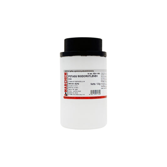 Reinheit von 100g Kaliumhydroxid in einem transparenten Behälter, BioGo.de Marke, chemisches Laborprodukt, chemische Substanz