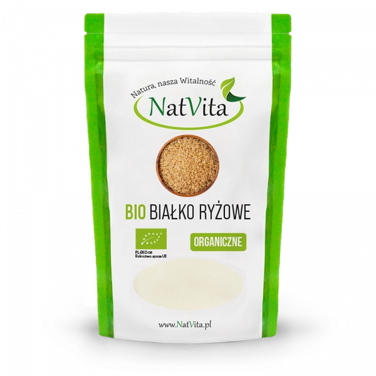 Bio Reisprotein 85% von NatVita, feines Pulver für gesunde Ernährung, in einer Verpackung mit grüner Verpackung und Produktbeschreibung