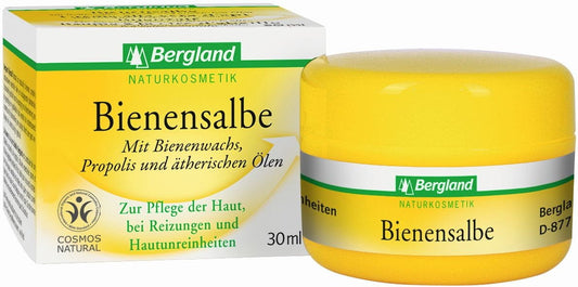 BERGLAND Propolis-Salbe 30ml, natürliche Salbe mit Propolis für Hautpflege, geöffnete Tuben mit Salbe in einem offenen Behälter