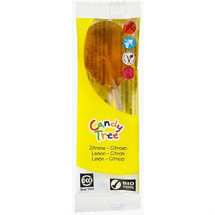 Glutenfreie Bio-Lutscher mit Zitronengeschmack von CANDY TREE, 13 g, detailreiche Nahaufnahme des Lutschers.