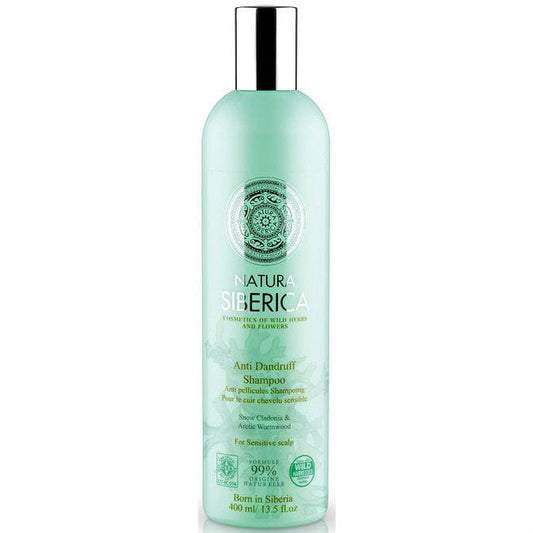 Anti-Schuppen-Shampoo von NATURA SIBERICA in 400 ml Flasche, zeigt die Verpackung mit grünem Design und Produktname.