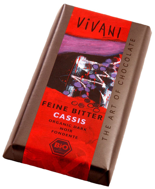 Dunkle Bio-Schokolade mit schwarzer Johannisbeerfüllung von VIVANI, 100 g, zeigt die Schokolade mit dunkler Oberfläche und Fruchtfüllung innen