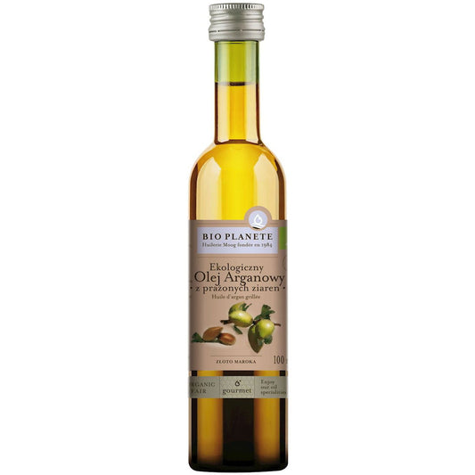 Bio Arganöl aus gerösteten Körnern von BIO PLANETE, 100 ml Flasche, zeigt die goldene Farbe und die flüssige Textur.