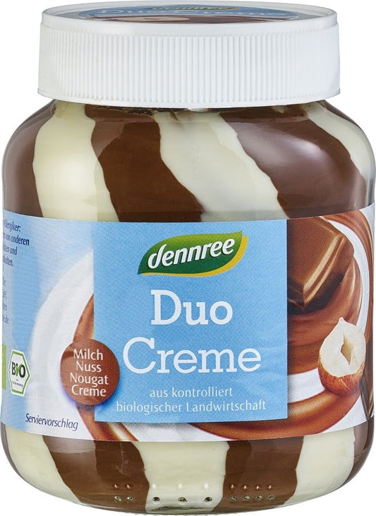 Duo Nougatcreme von DENNREE, milchig und nussig, glutenfrei, 400 g Glas mit cremiger Nuss-Nougatfüllung