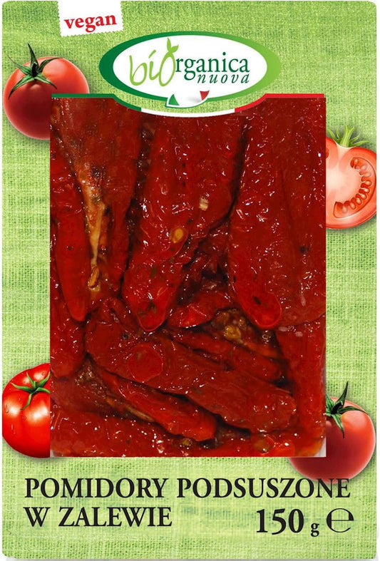 Getrocknete Tomaten in Salzlake von BIORGANICA NUOVA, Bio-Qualität, 150 g, in einer transparenten Verpackung sichtbar.