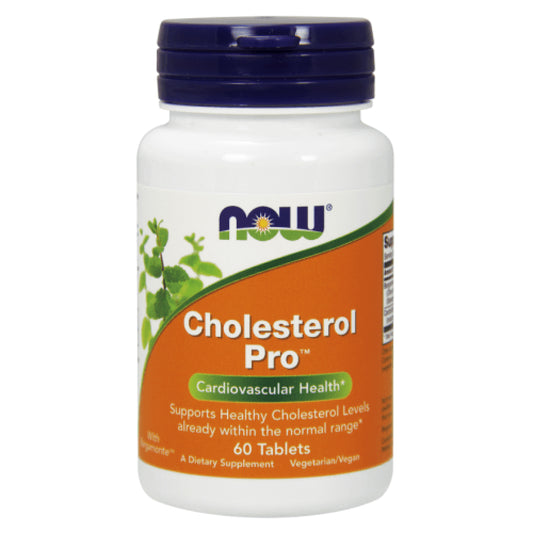 Cholesterin pro Nahrungsergänzungsmittel von NOW FOODS, 60 Tabletten, Nahaufnahme der Verpackung und Tabletten.
