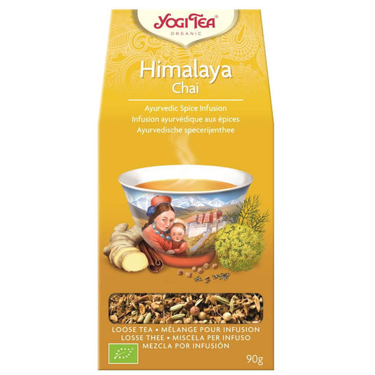 Himalaya Bio Tee von Yogi Tea in 90 g Packung, frisch gebrühter Kräutertee mit natürlichen Zutaten, sichtbare Teeblätter und Packung