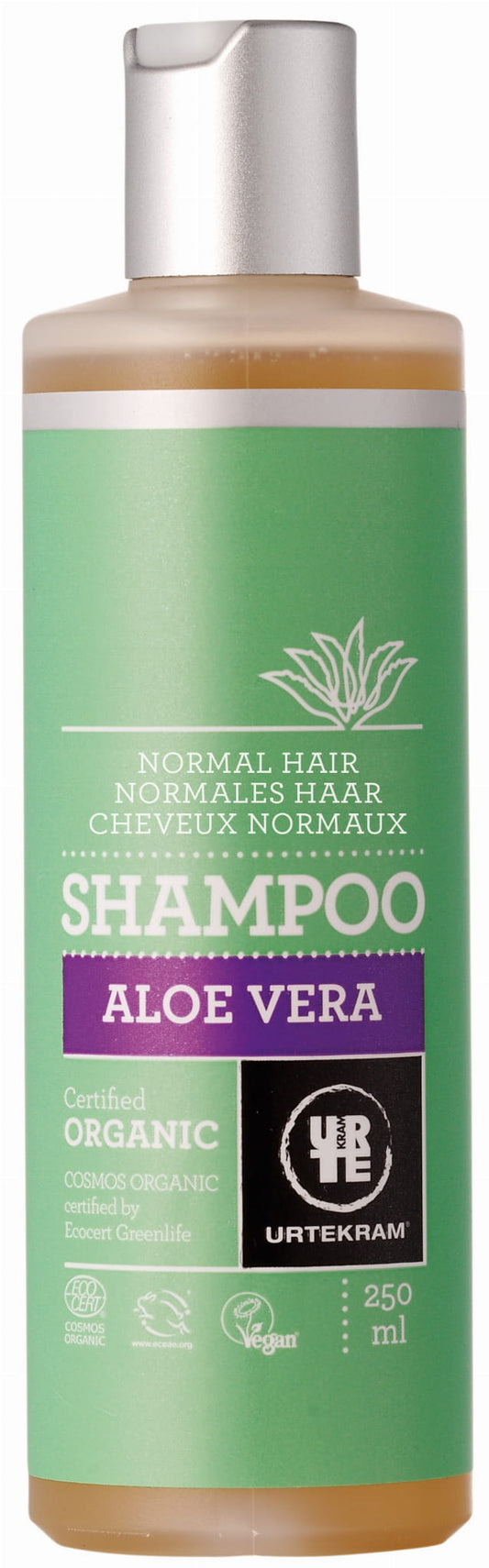 Aloe Vera Shampoo für normales Haar von URTEKRAM, 250 ml Flasche mit grünem Etikett und Aloe Vera Pflanze.