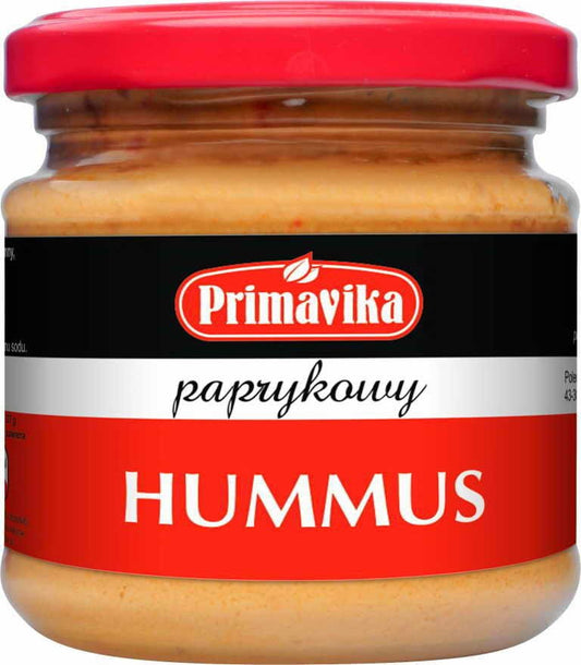 Hummus mit Pfeffer in 160 g Verpackung von PRIMAVIKA, cremiger Dip mit Pfeffergeschmack, auf weißem Hintergrund.