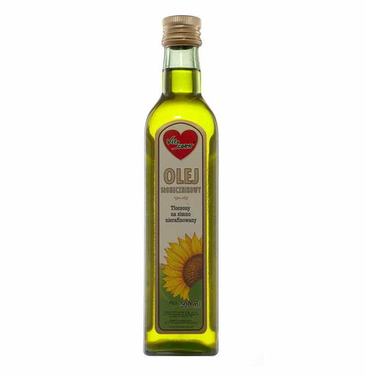 Heller Sonnenblumenölflasche von VITACORN mit 250 ml Inhalt, transparent und etikettiert, auf weißem Hintergrund.