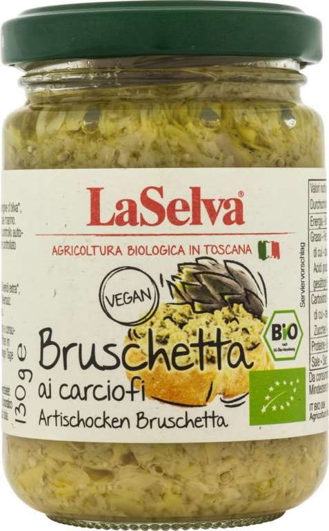 Artischocken-Bruschetta BIO von LASELVA auf Brot, detailreiche Nahaufnahme mit frischen, grünen Artischocken und knusprigem Toast.