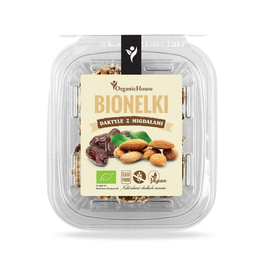 Bio Datteln mit Mandeln von ORGANICHOUSE, 80 g, frische getrocknete Datteln mit Mandeln im Bild.