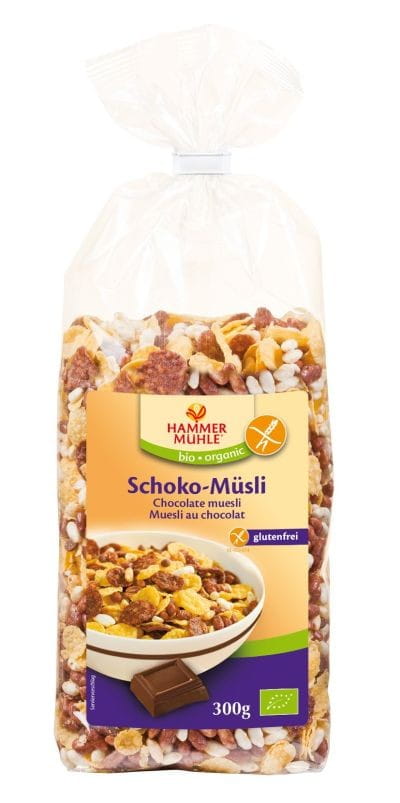 Glutenfreies Bio-Schokoladenmüsli von HAMMERMUHLE in 300 g Packung, mit Schokoladenstücken und Haferflocken, vor einem weißen Hintergrund