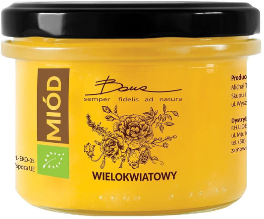 BIO Mehrblumenhonig von BONA in 250 g Glas, flüssig mit goldener Farbe und aromatischer Blütenvielfalt, Nahaufnahme
