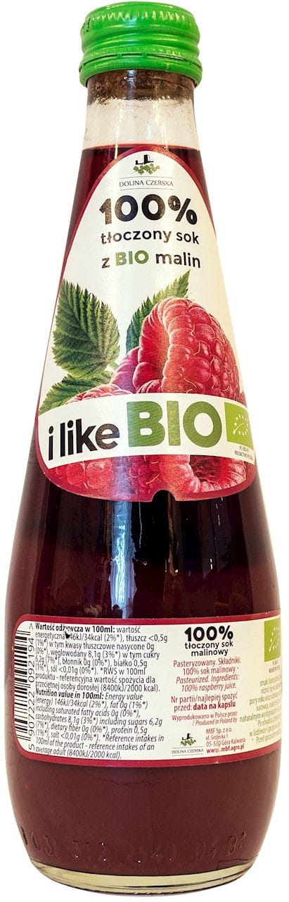 Bio-Himbeersaft von DOLINA CZERSKA in 300 ml Flasche, frischer roter Himbeersaft im Glas.