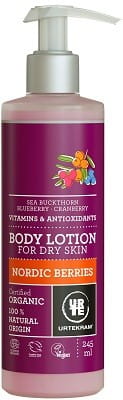 Nordische Beeren Bodylotion BIO von URTEKRAM in 245 ml Flasche, mit natürlichen Beerenextrakten und pflegender Textur.