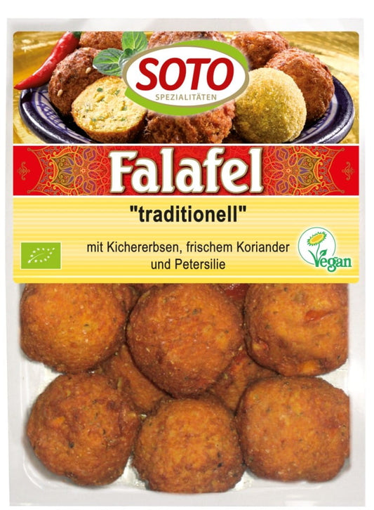 Vegane Bio-Falafel von SOTO, 220g, gebrauchsfertige pflanzliche Falafel auf Bild mit goldbrauner Oberfläche.