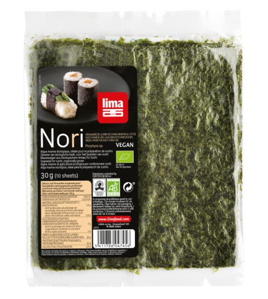 Getrocknete Bio-Meeresalgen Nori von LIMA, 30 g, frische und nährstoffreiche Meeresalgen für die Küche, auf Bild sichtbar.