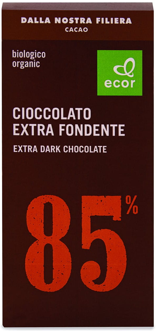Bitterschokolade mit mindestens 85 % Bio-Kakao von ECOR, 80 g, sichtbare dunkle Schokoladentafel mit Bio-Siegel