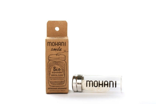 Biologisch abbaubare Zahnseide MOHANI Smile Mint von biogo, mit grüner Verpackung und frischer Minz-Formel, für nachhaltige Zahnreinigung
