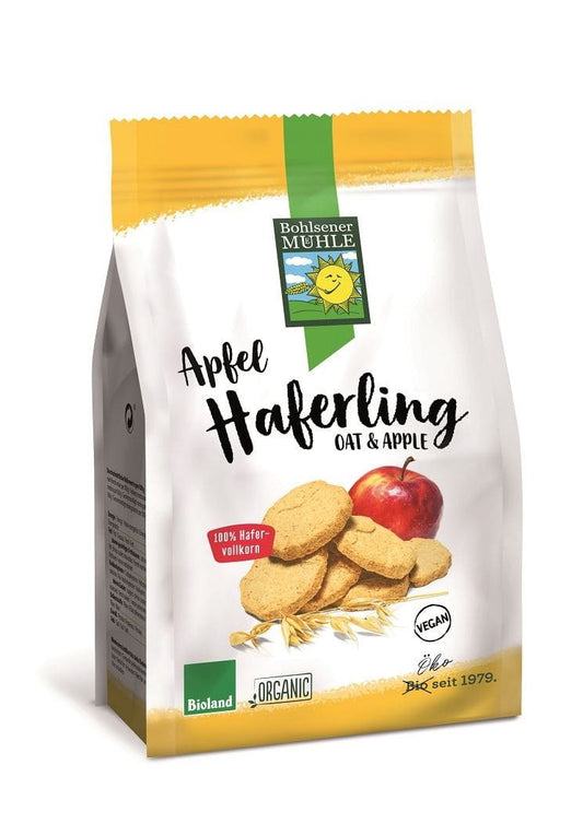 Bio Apfel-Hafer-Kekse von BOHLSENER MUEHLE, 125 g, mit Apfel und Hafer in einer ansprechenden Verpackung