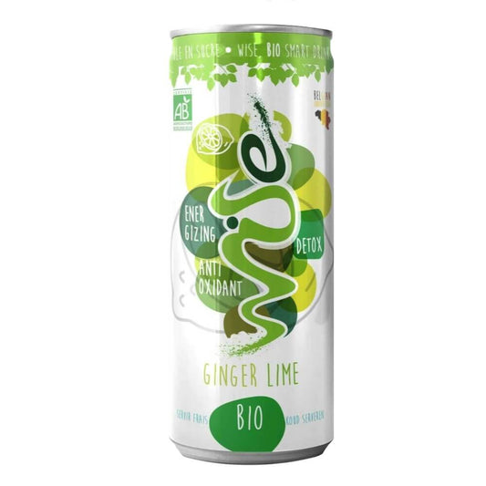 Sprudelndes Bio-Energiegetränk mit Ingwer-Limetten-Geschmack in 250 ml Flasche von WISE, erfrischend und belebend