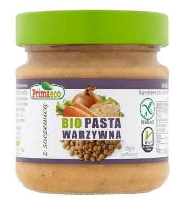 Bio Gemüsepastete mit Linsen von PRIMAECO in 160 g, zeigt eine schmackhafte Pastete mit Gemüse und Linsen in einer Dose
