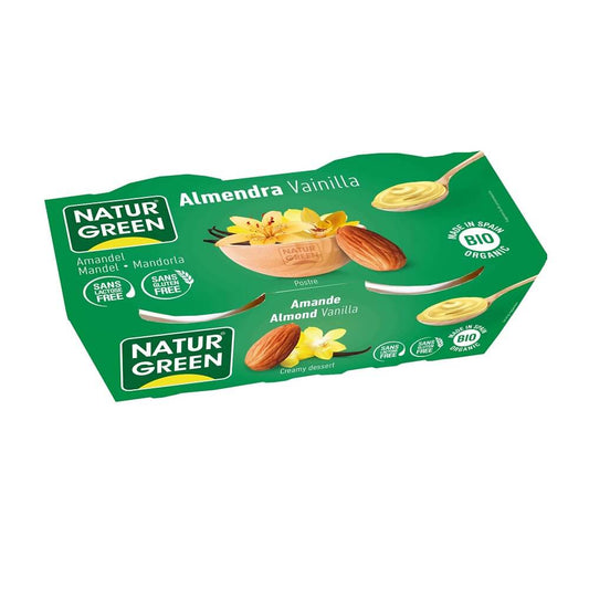Laktosefreies Mandel-Vanille-Dessert von NATURGREEN, BIO, in zwei 125 g Bechern, cremige Mandel- und Vanillegeschmack.