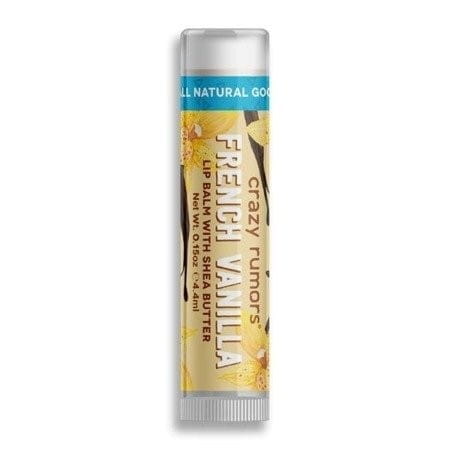 Natürlicher französischer Vanille Lippenbalsam von CRAZY RUMORS, cremige Textur und angenehmer Duft, auf den Lippen aufgetragen.